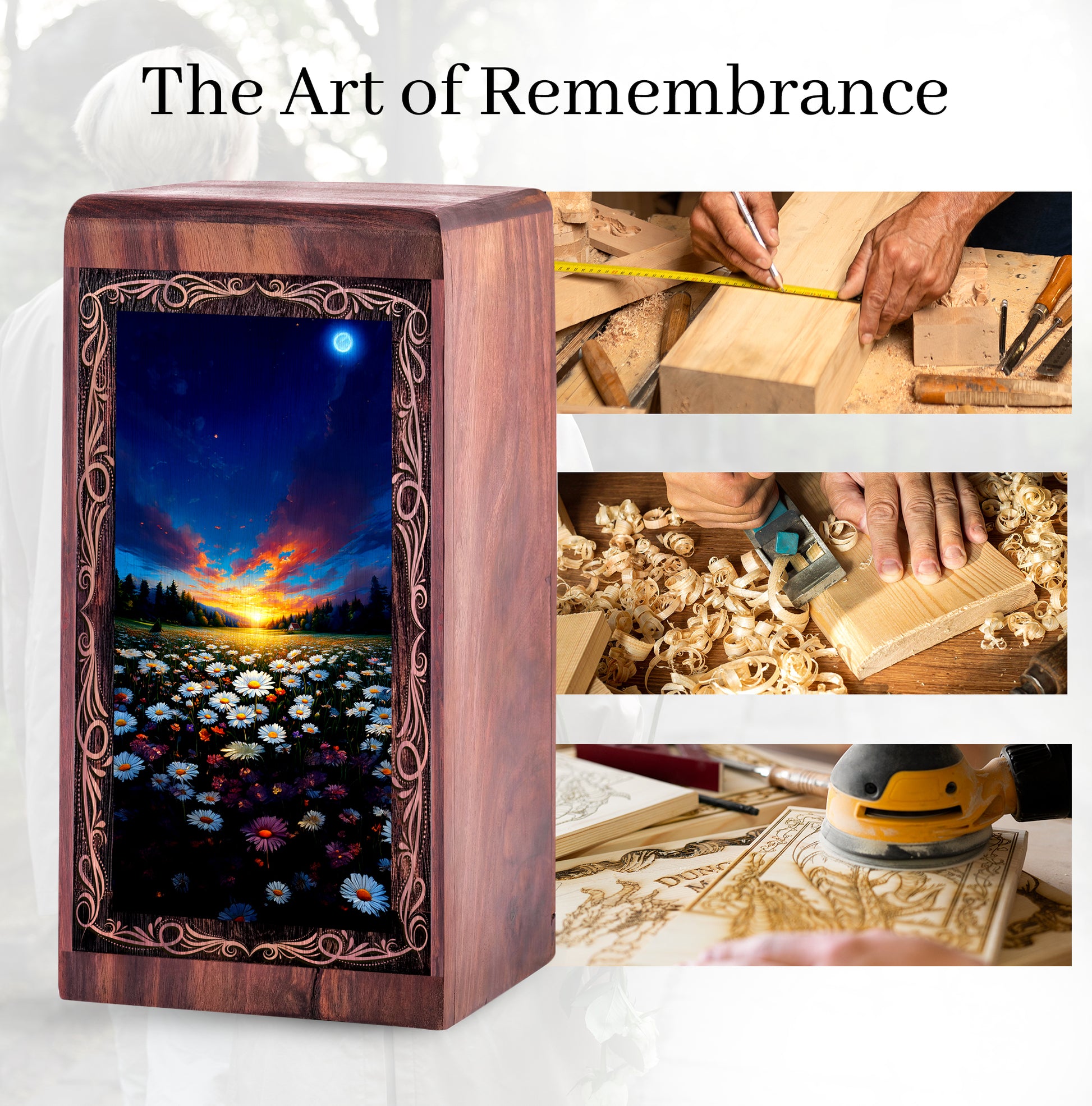Flower Rosewood Cremation Urn Box - Floral Sunset Theme Urn For Human Adult Man