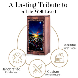Flower Rosewood Cremation Urn Box - Floral Sunset Theme Urn For Human Adult Man