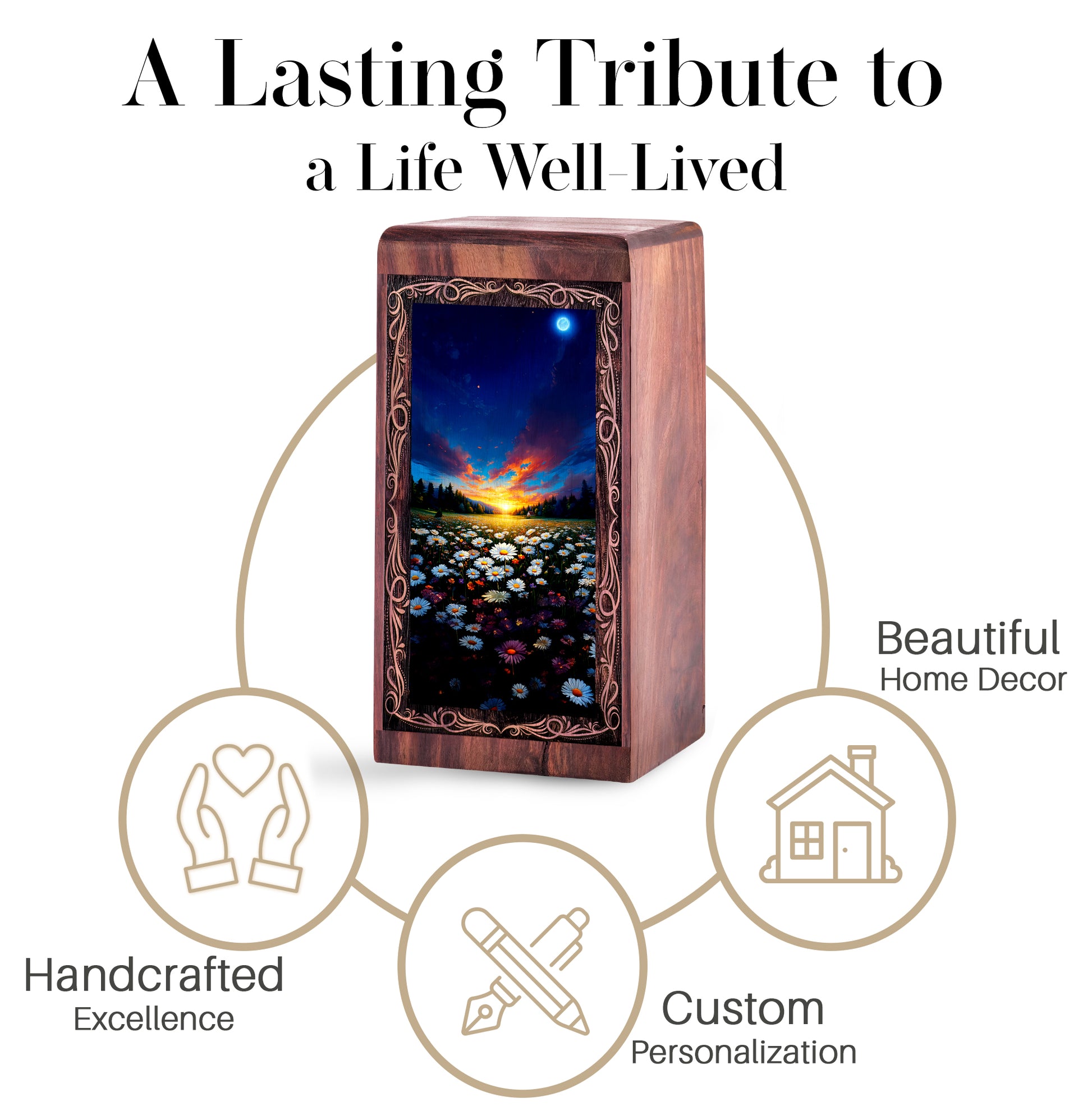 Flower Rosewood Cremation Urn Box - Floral Sunset Theme Urn For Human Adult Man