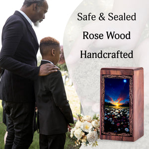 Flower Rosewood Cremation Urn Box - Floral Sunset Theme Urn For Human Adult Man
