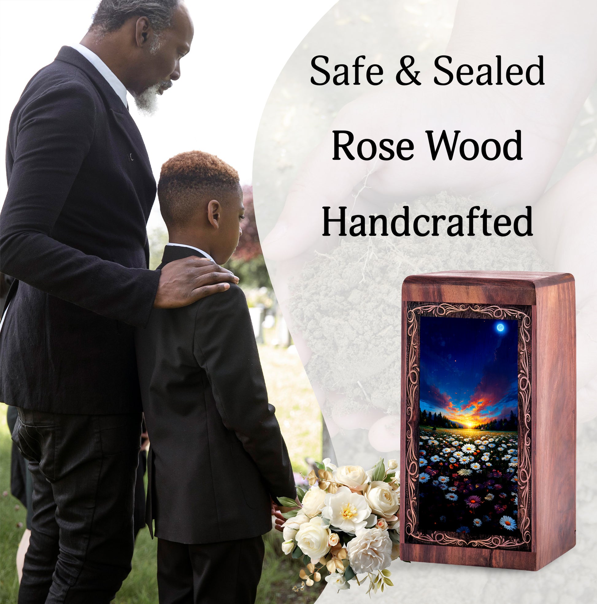 Flower Rosewood Cremation Urn Box - Floral Sunset Theme Urn For Human Adult Man