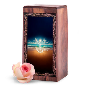 Ocean Wooden Keepshake For Ashes - Sunlit Light Reflection Theme Funeral For Burial