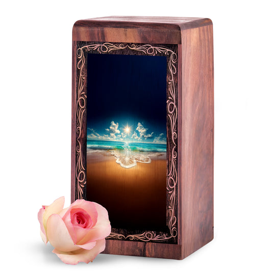 Ocean Wooden Keepshake For Ashes - Sunlit Light Reflection Theme Funeral For Burial