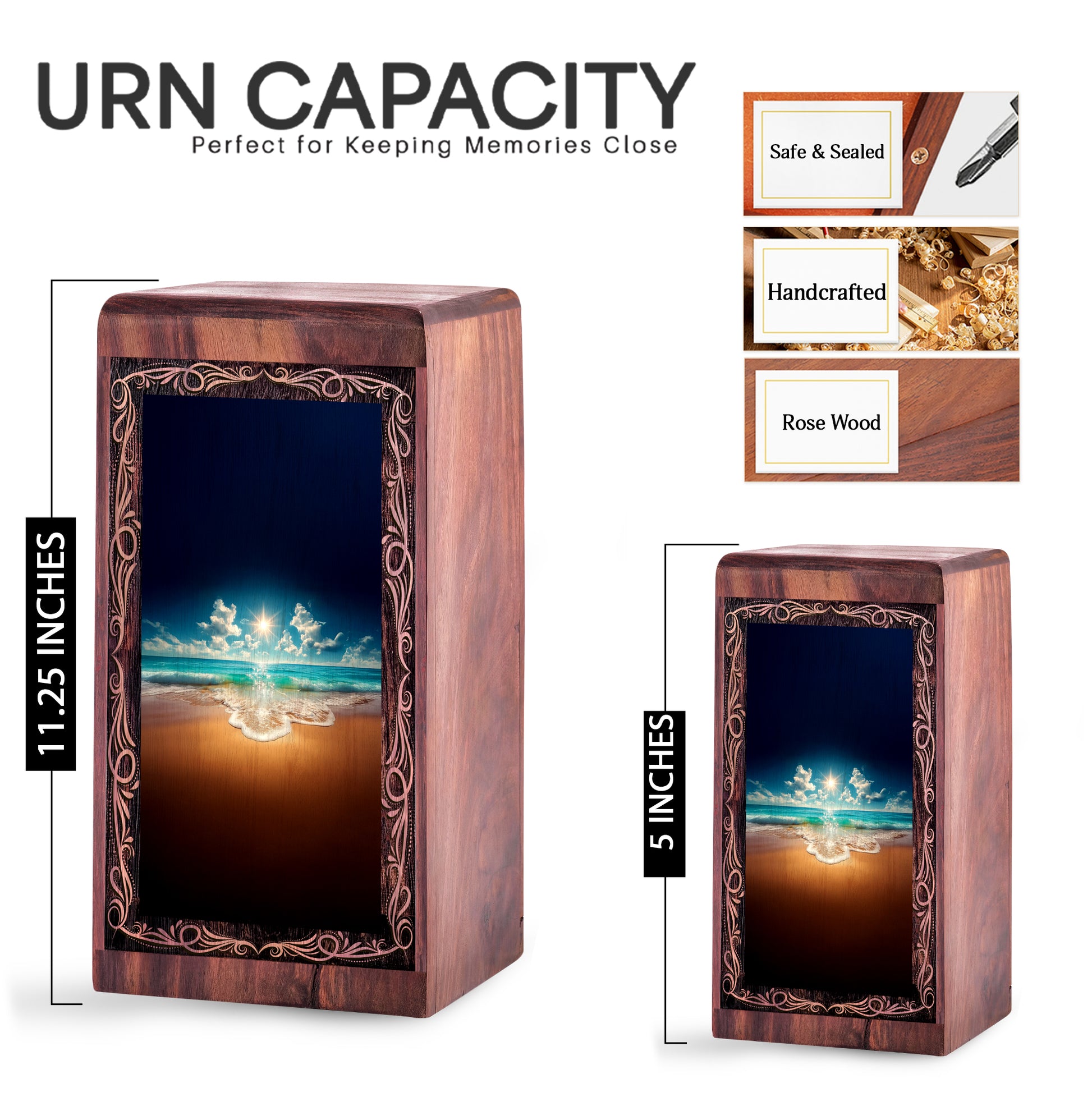 Ocean Wooden Keepshake For Ashes - Sunlit Light Reflection Theme Funeral For Burial