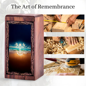 Ocean Wooden Keepshake For Ashes - Sunlit Light Reflection Theme Funeral For Burial