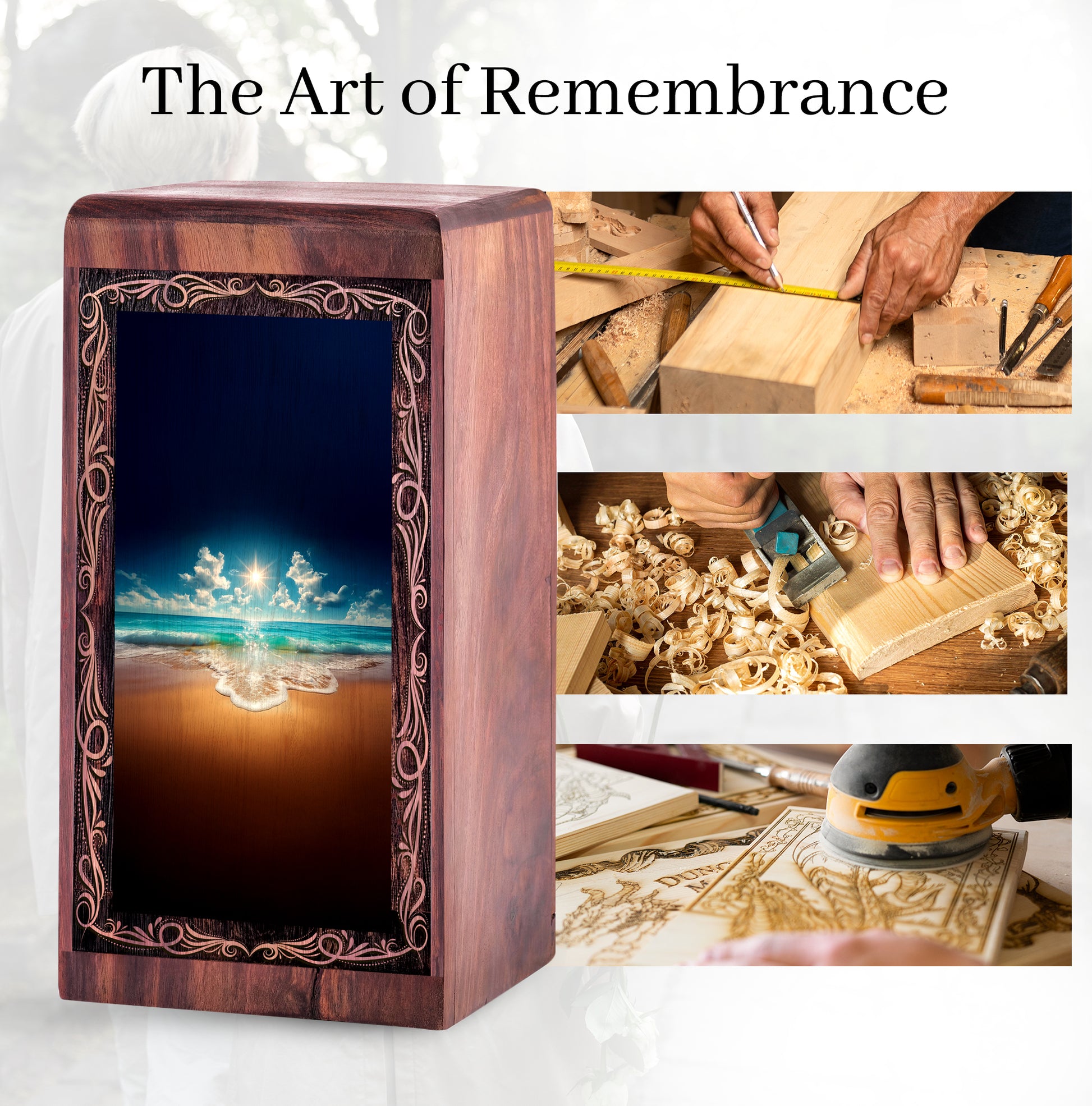 Ocean Wooden Keepshake For Ashes - Sunlit Light Reflection Theme Funeral For Burial
