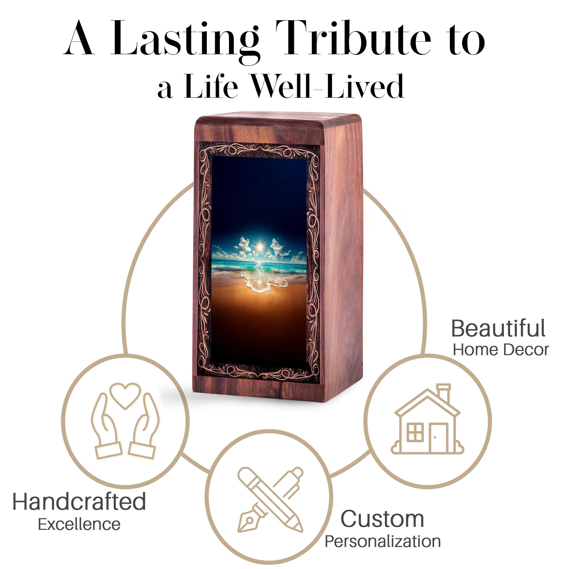 Ocean Wooden Keepshake For Ashes - Sunlit Light Reflection Theme Funeral For Burial