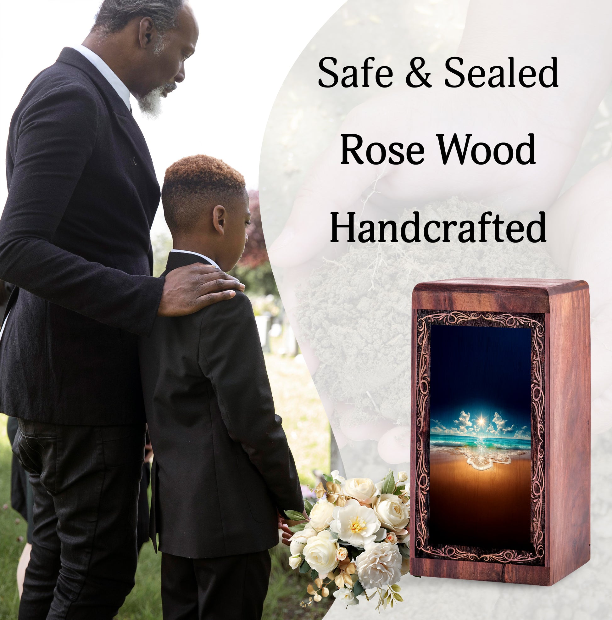 Ocean Wooden Keepshake For Ashes - Sunlit Light Reflection Theme Funeral For Burial