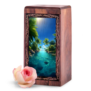 Exotic Island Theme Urn For Adult Ashes - Tropical Nature Wooden Cremation Urn