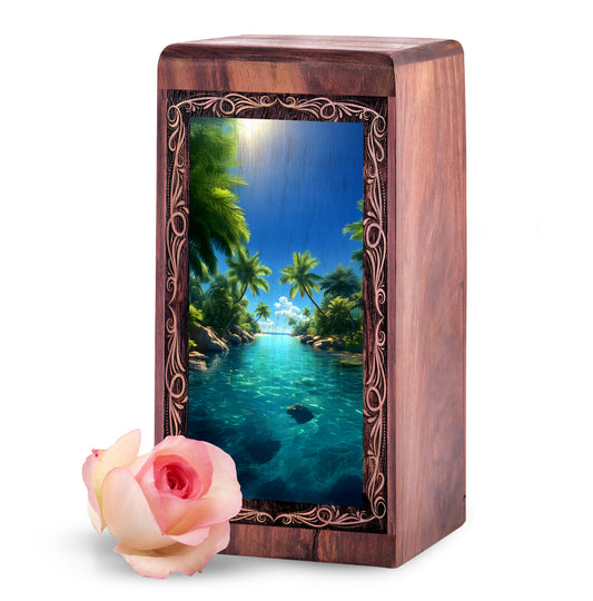 Exotic Island Theme Urn For Adult Ashes - Tropical Nature Wooden Cremation Urn