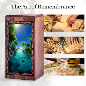 Exotic Island Theme Urn For Adult Ashes - Tropical Nature Wooden Cremation Urn