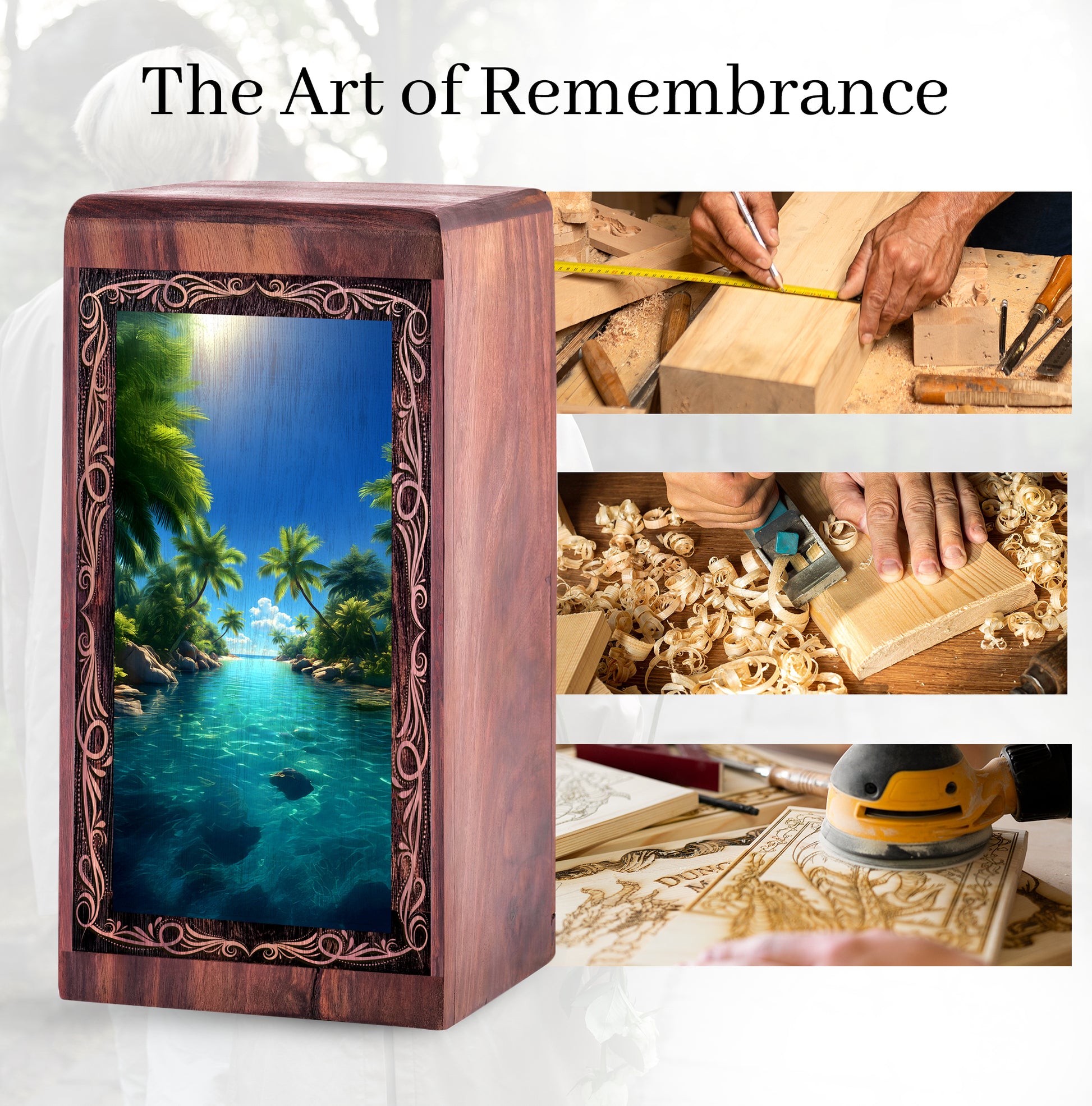 Exotic Island Theme Urn For Adult Ashes - Tropical Nature Wooden Cremation Urn