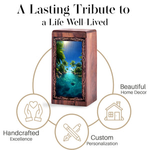 Exotic Island Theme Urn For Adult Ashes - Tropical Nature Wooden Cremation Urn