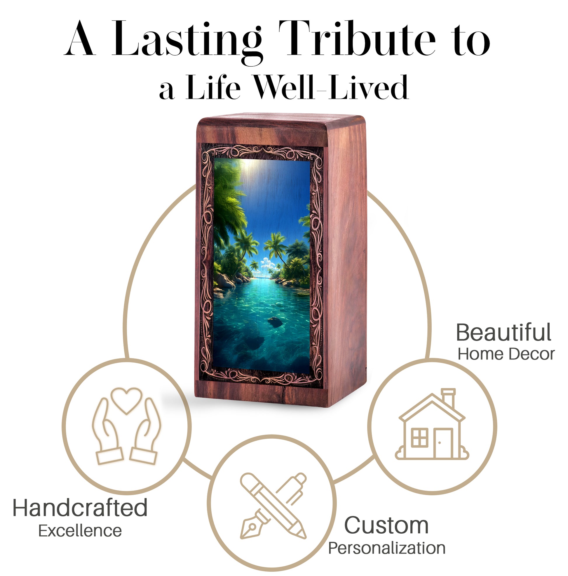 Exotic Island Theme Urn For Adult Ashes - Tropical Nature Wooden Cremation Urn