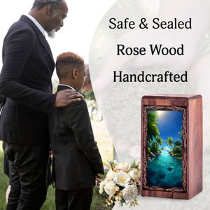 Exotic Island Theme Urn For Adult Ashes - Tropical Nature Wooden Cremation Urn