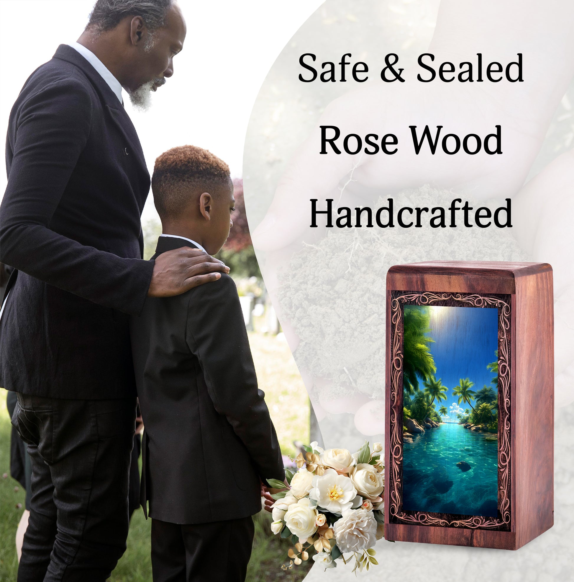 Exotic Island Theme Urn For Adult Ashes - Tropical Nature Wooden Cremation Urn