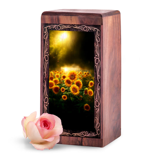 Handcrafted Sunflower Memorial Wood Box - Decorative Bloom Landscape Funeral Boxes