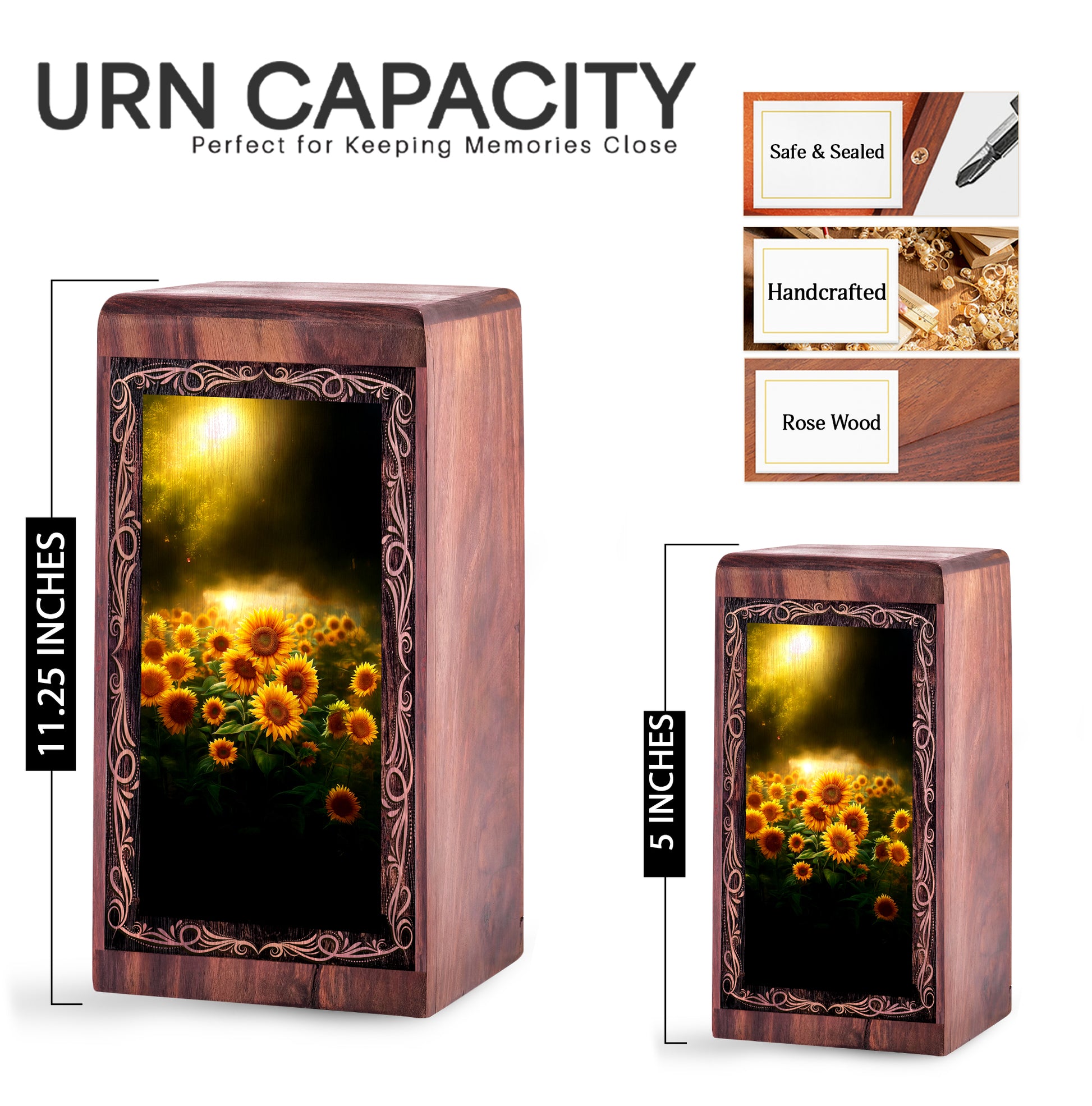 Handcrafted Sunflower Memorial Wood Box - Decorative Bloom Landscape Funeral Boxes