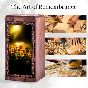 Handcrafted Sunflower Memorial Wood Box - Decorative Bloom Landscape Funeral Boxes