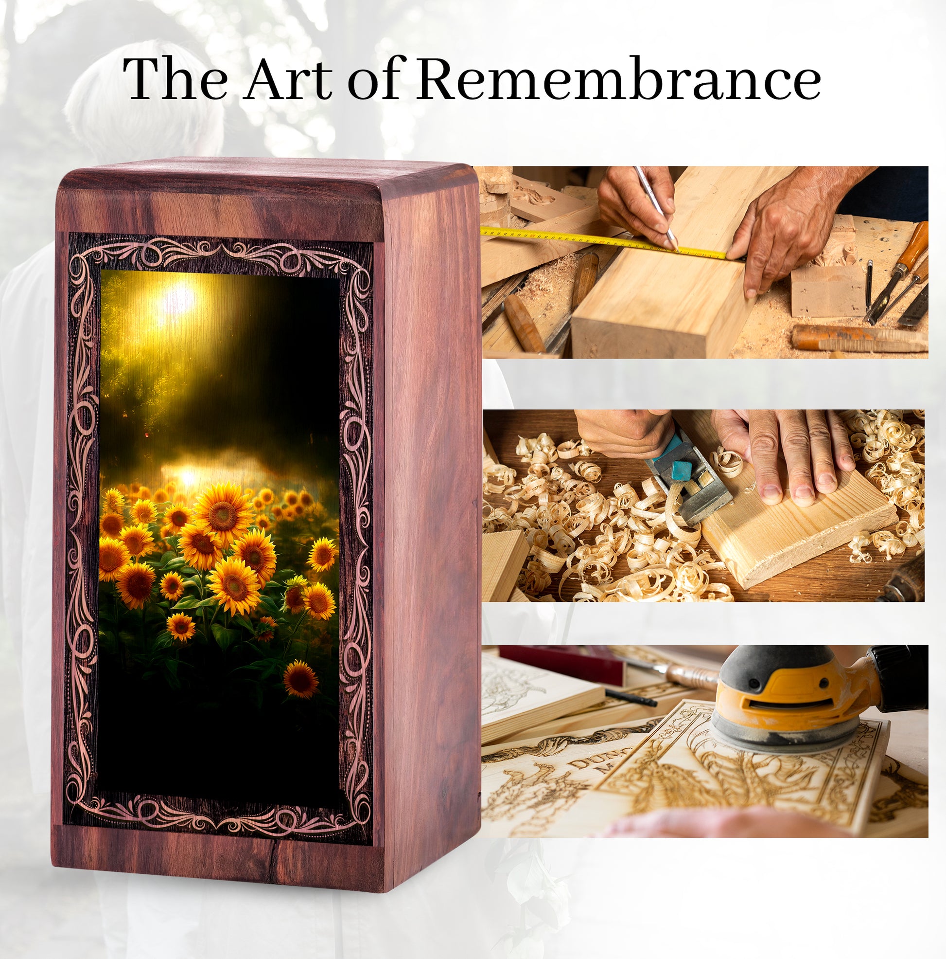 Handcrafted Sunflower Memorial Wood Box - Decorative Bloom Landscape Funeral Boxes
