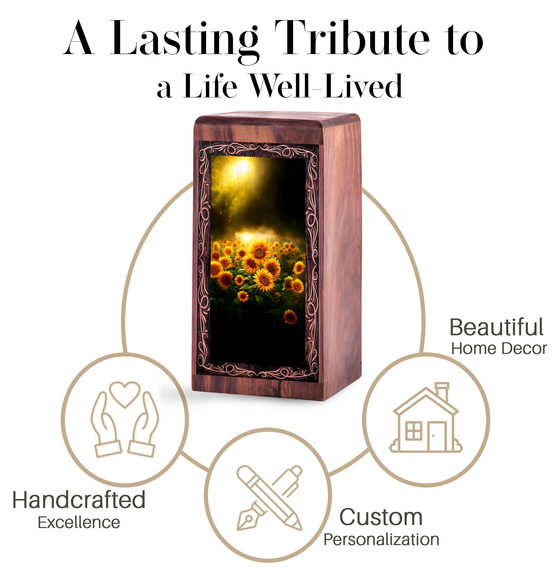 Handcrafted Sunflower Memorial Wood Box - Decorative Bloom Landscape Funeral Boxes