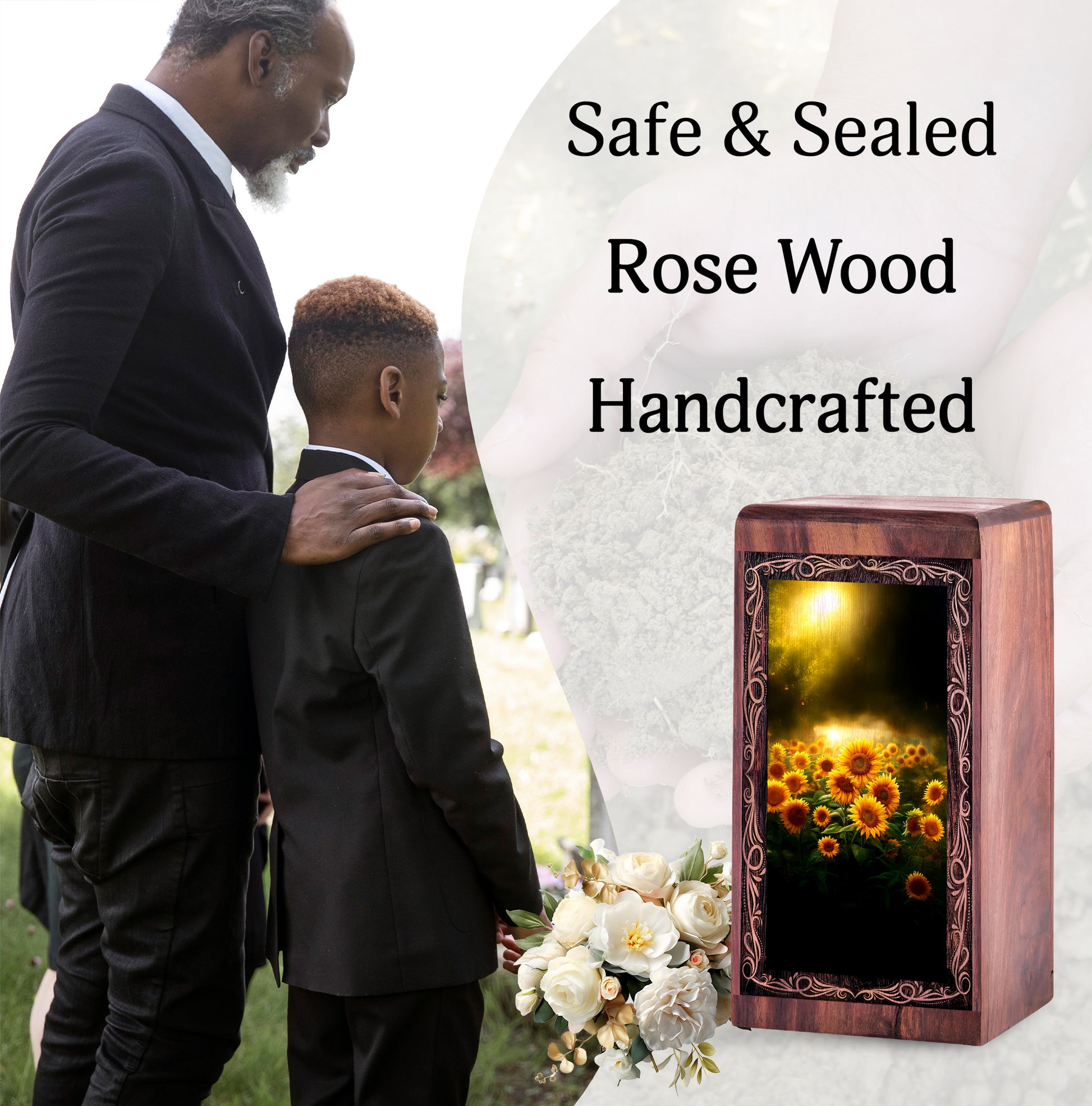 Handcrafted Sunflower Memorial Wood Box - Decorative Bloom Landscape Funeral Boxes