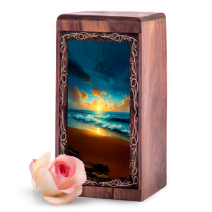 Golden Wave Sunset Memorial Theme Urn - Decorative Ocean Funeral Urn For Burial