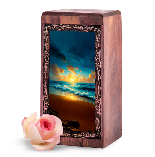 Golden Wave Sunset Memorial Theme Urn - Decorative Ocean Funeral Urn For Burial