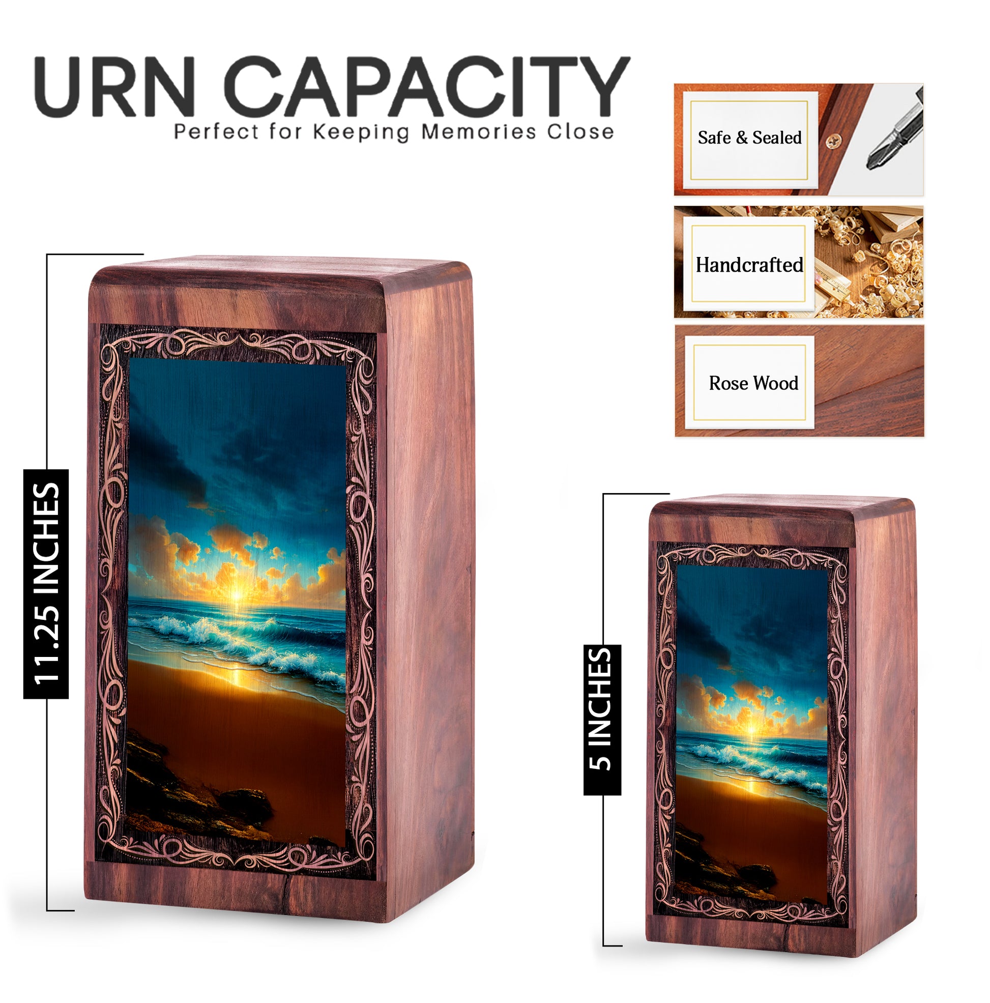 Golden Wave Sunset Memorial Theme Urn - Decorative Ocean Funeral Urn For Burial