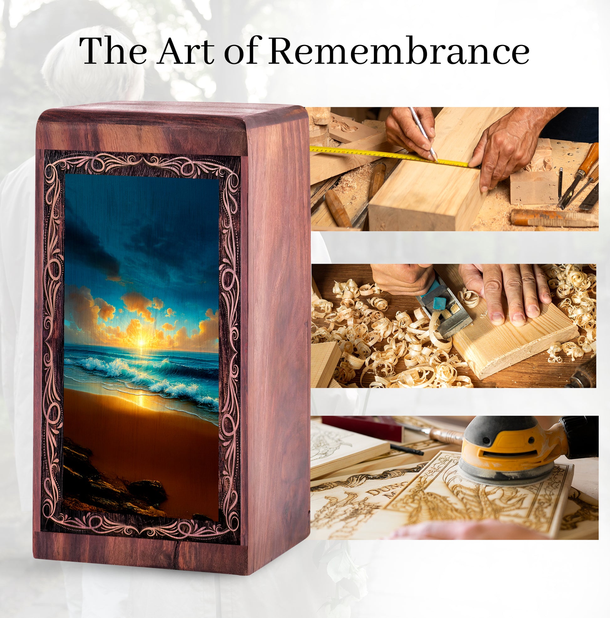 Golden Wave Sunset Memorial Theme Urn - Decorative Ocean Funeral Urn For Burial