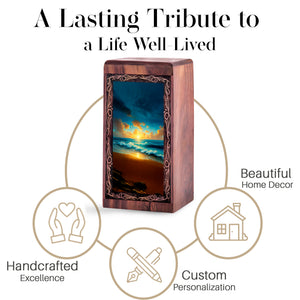 Golden Wave Sunset Memorial Theme Urn - Decorative Ocean Funeral Urn For Burial