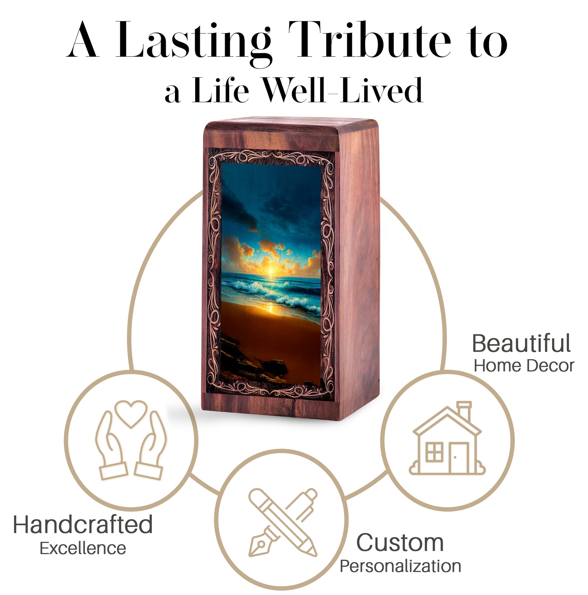 Golden Wave Sunset Memorial Theme Urn - Decorative Ocean Funeral Urn For Burial
