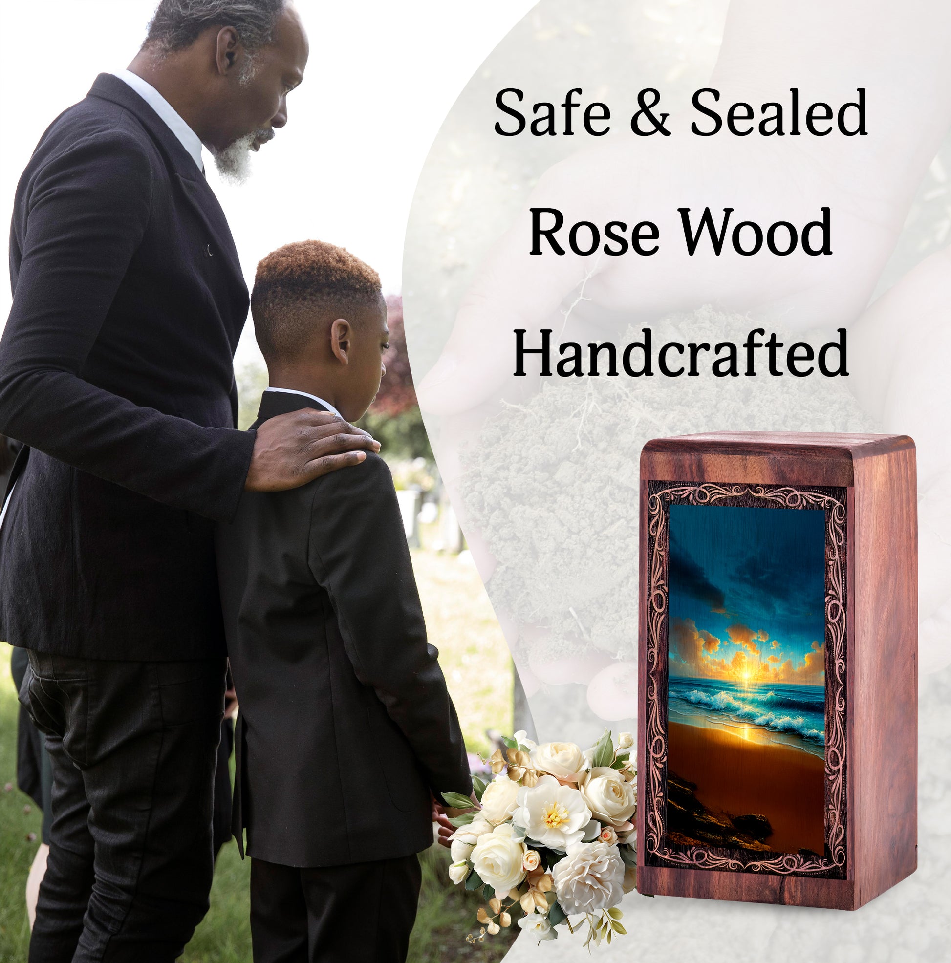 Golden Wave Sunset Memorial Theme Urn - Decorative Ocean Funeral Urn For Burial
