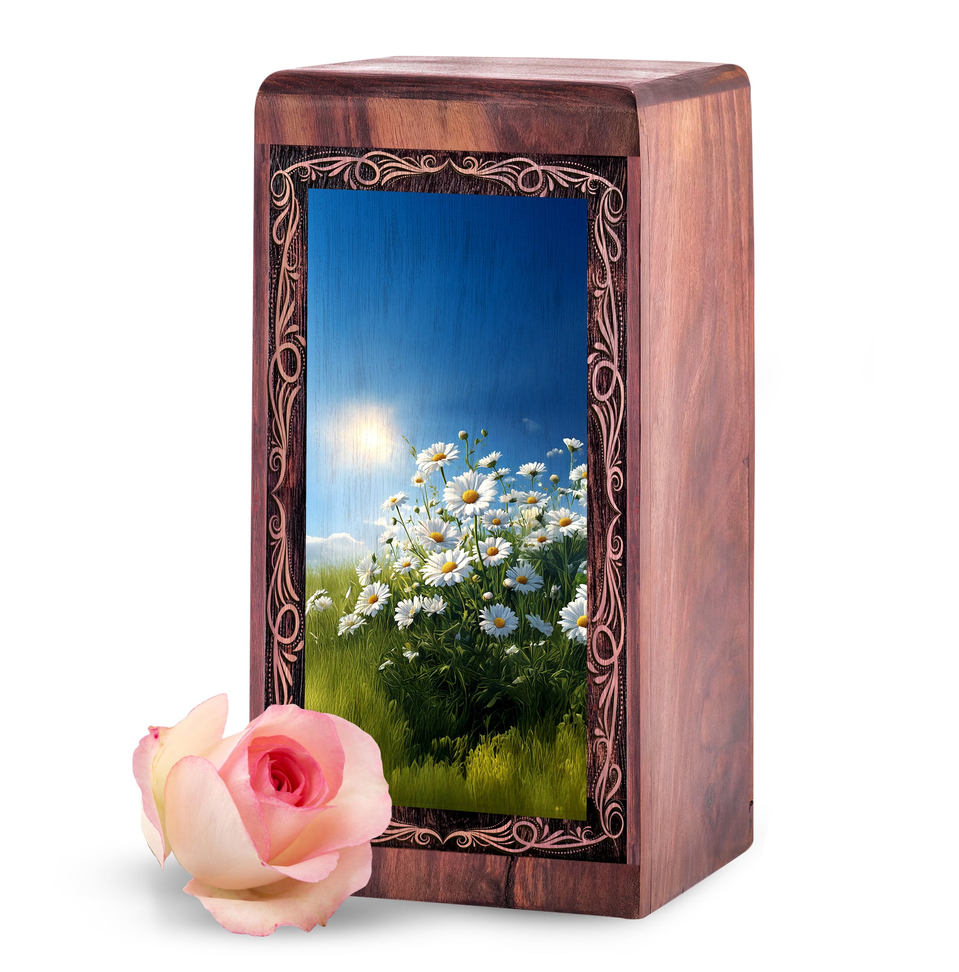 Premium Wooden Urn Box for Mom Ashes - Daisy Flower Theme Memorial Urn For Human Ashes
