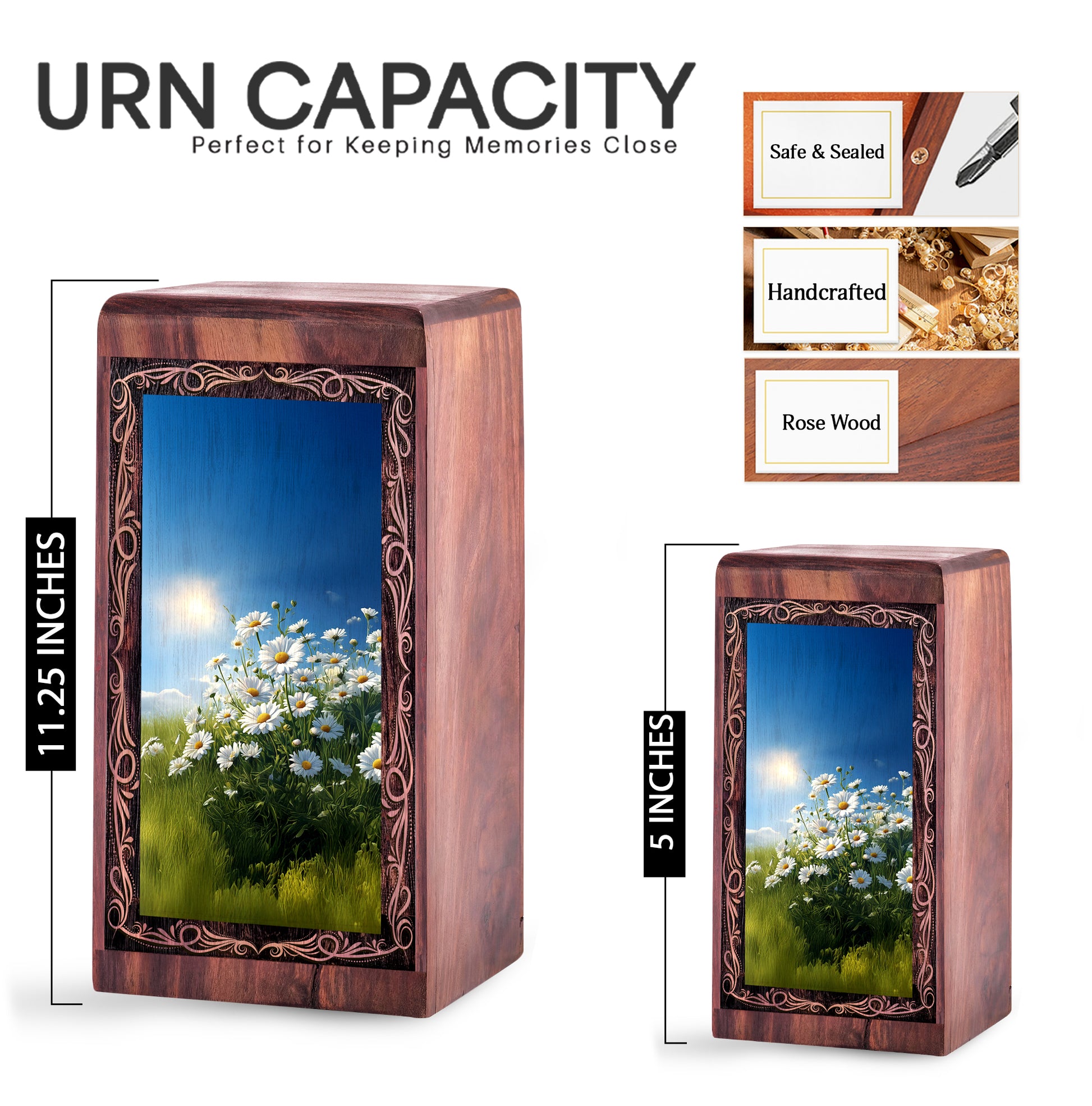 Premium Wooden Urn Box for Mom Ashes - Daisy Flower Theme Memorial Urn For Human Ashes