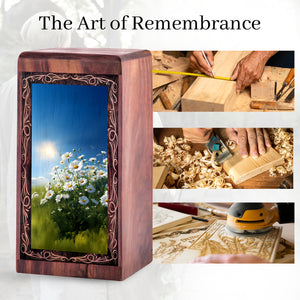 Premium Wooden Urn Box for Mom Ashes - Daisy Flower Theme Memorial Urn For Human Ashes