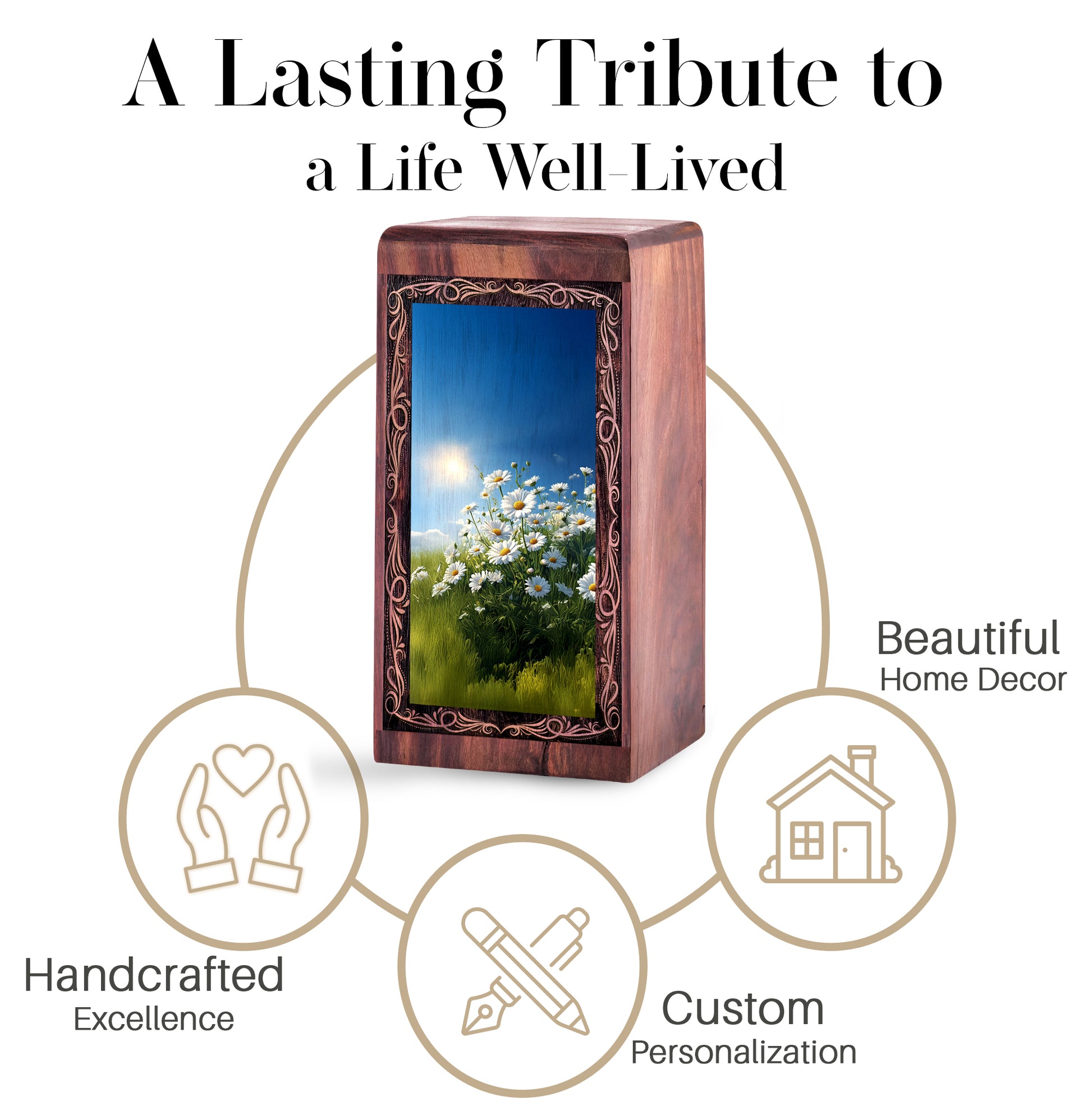 Premium Wooden Urn Box for Mom Ashes - Daisy Flower Theme Memorial Urn For Human Ashes
