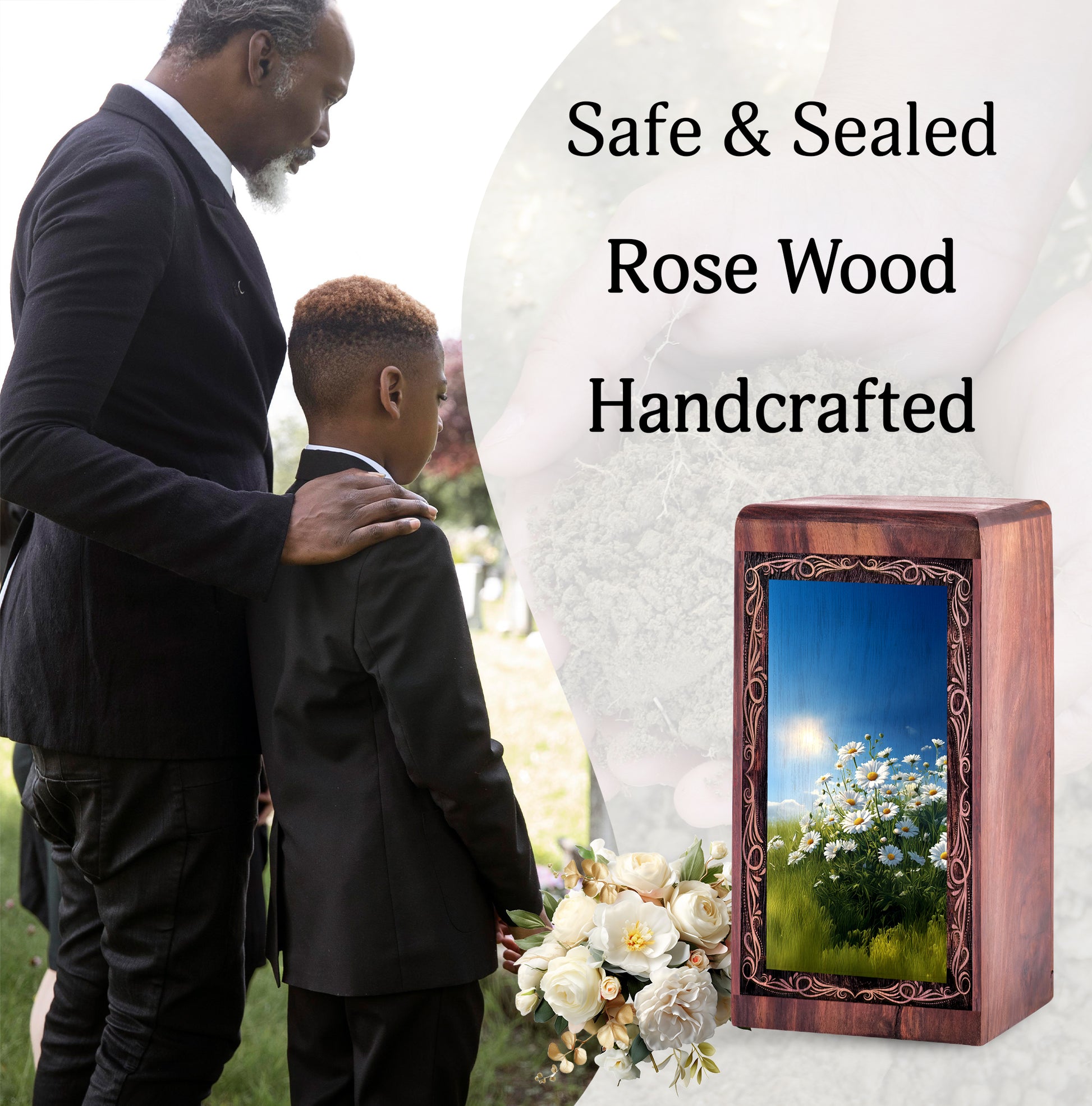 Premium Wooden Urn Box for Mom Ashes - Daisy Flower Theme Memorial Urn For Human Ashes