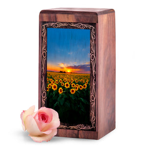 Sunflower Field Wooden Keepshake Memory Urn – Sunset Theme Funeral Urn For Burial