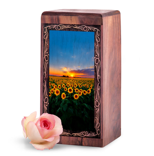 Sunflower Field Wooden Keepshake Memory Urn – Sunset Theme Funeral Urn For Burial