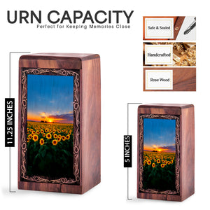 Sunflower Field Wooden Keepshake Memory Urn – Sunset Theme Funeral Urn For Burial