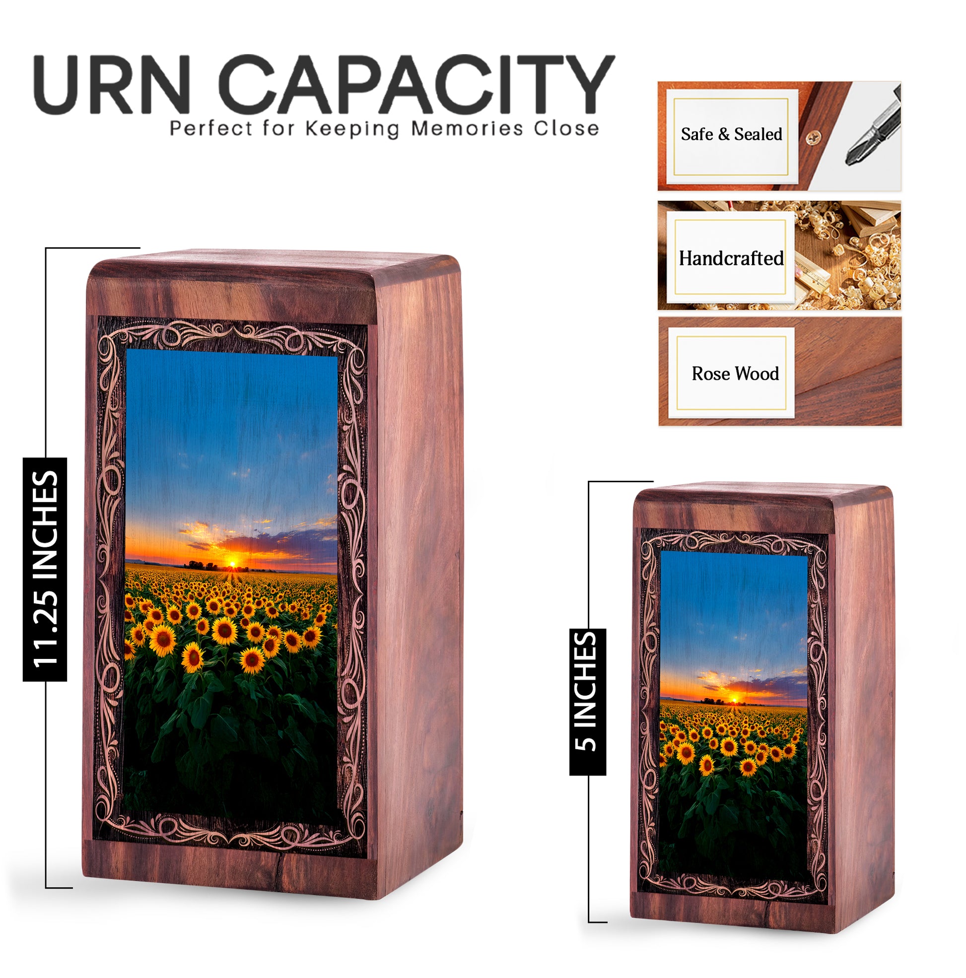 Sunflower Field Wooden Keepshake Memory Urn – Sunset Theme Funeral Urn For Burial