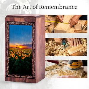Sunflower Field Wooden Keepshake Memory Urn – Sunset Theme Funeral Urn For Burial