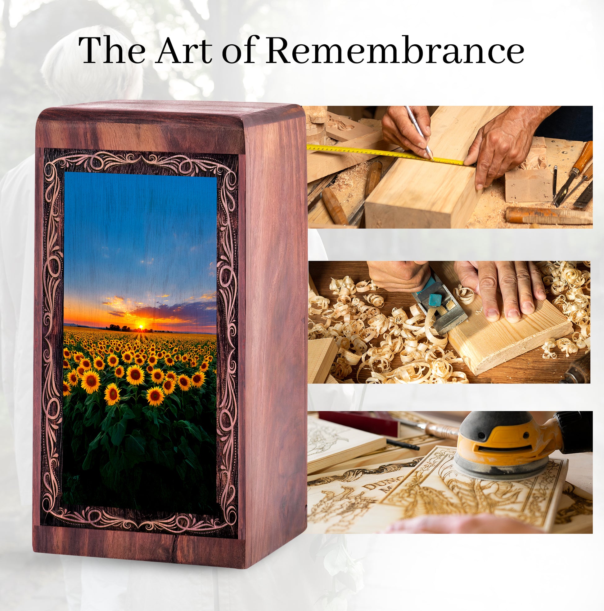 Sunflower Field Wooden Keepshake Memory Urn – Sunset Theme Funeral Urn For Burial