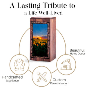 Sunflower Field Wooden Keepshake Memory Urn – Sunset Theme Funeral Urn For Burial