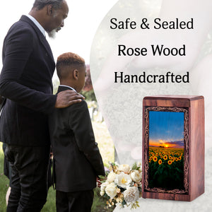 Sunflower Field Wooden Keepshake Memory Urn – Sunset Theme Funeral Urn For Burial