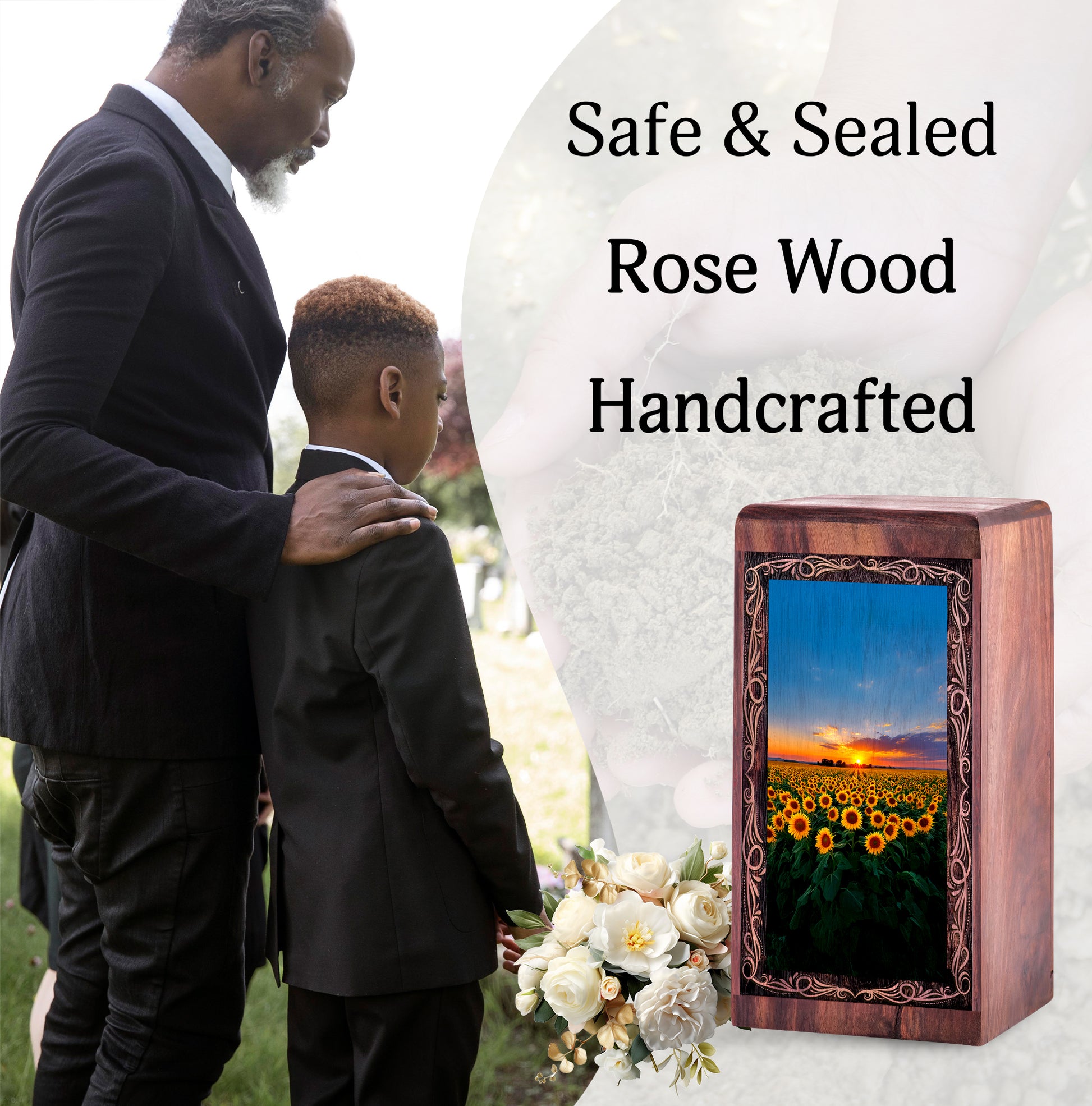 Sunflower Field Wooden Keepshake Memory Urn – Sunset Theme Funeral Urn For Burial