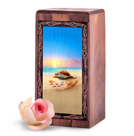 Wooden Sea Life Memorial Urn For Ashes - Beach Sunset Reflection Funeral Urn For Burial