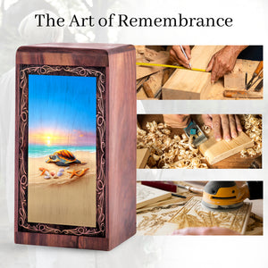 Wooden Sea Life Memorial Urn For Ashes - Beach Sunset Reflection Funeral Urn For Burial