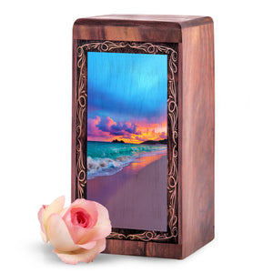 Wood Cremation Urn For Human Ashes – Coastal Wave Sunset Tribute Theme Urn For Adults
